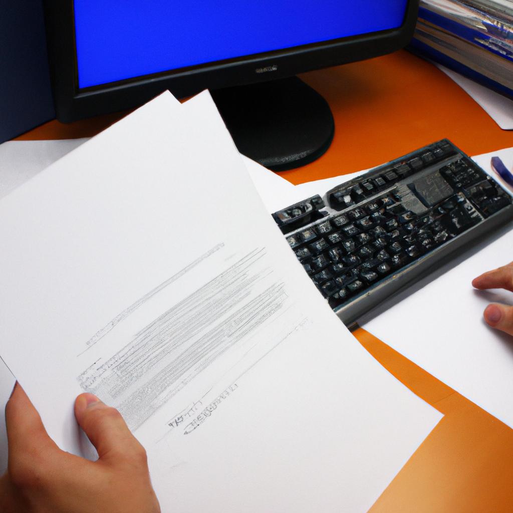 Person editing documents at desk