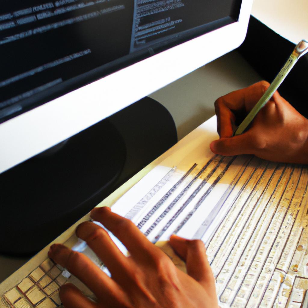 Person editing manuscript on computer