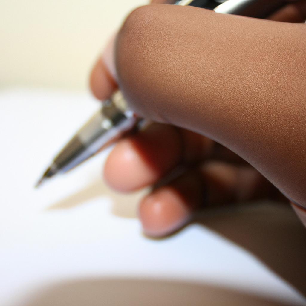 Person holding a pen, writing